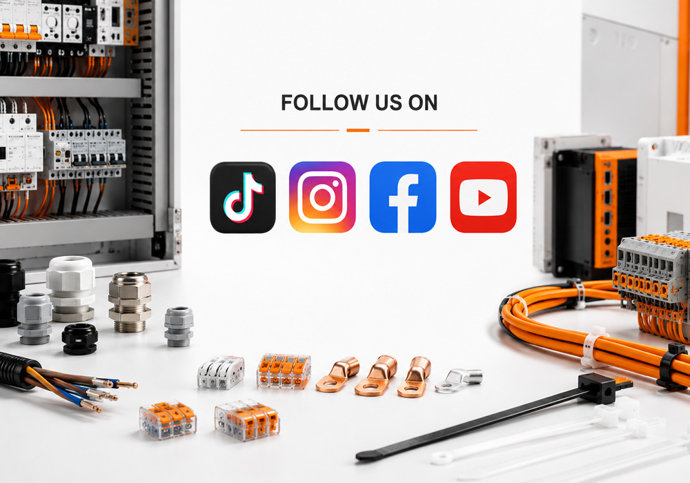 HANRRO electrical solutions featuring cable glands, nylon cable ties, wire connectors and industrial wiring accessories with social media channels including YouTube, TikTok, Instagram and Facebook.