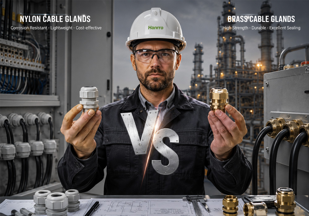 Engineer comparing nylon cable glands and brass cable glands for industrial cable management applications