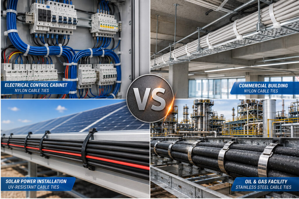 Typical applications for nylon cable ties and stainless steel cable ties in industrial and outdoor environments