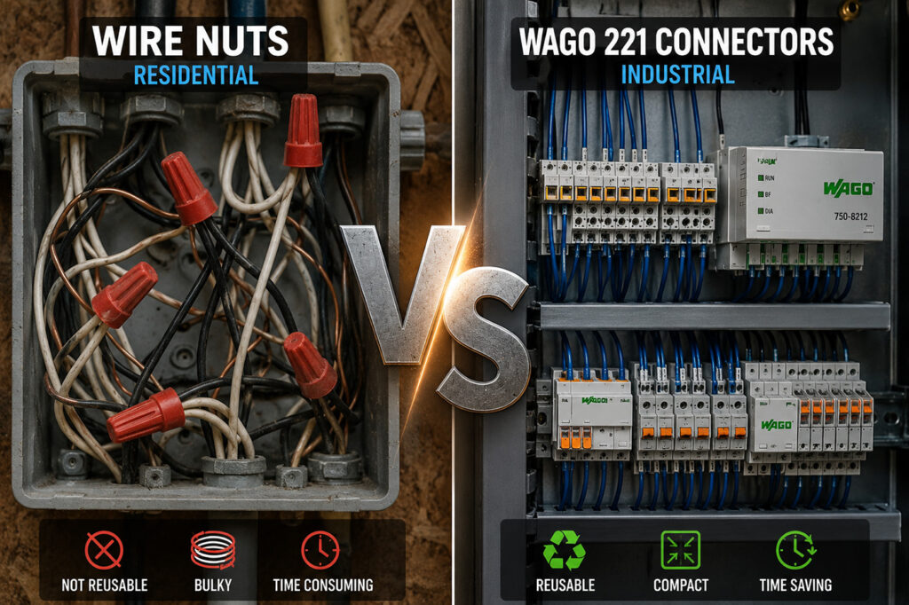 Wire nuts used in residential wiring compared with WAGO connectors used in industrial control panels