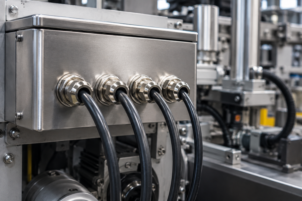 Nickel plated brass cable glands installed on industrial equipment for secure cable entry and protection