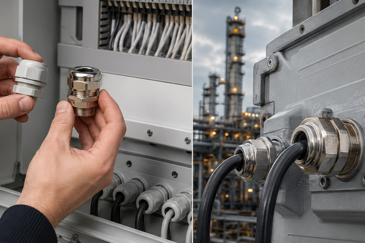 Comparison of nylon, brass, standard and explosion-proof cable glands for different industrial applications