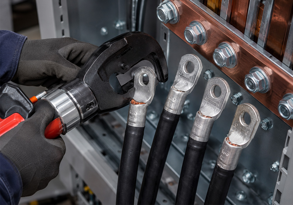 Copper cable lugs connected to industrial power cables