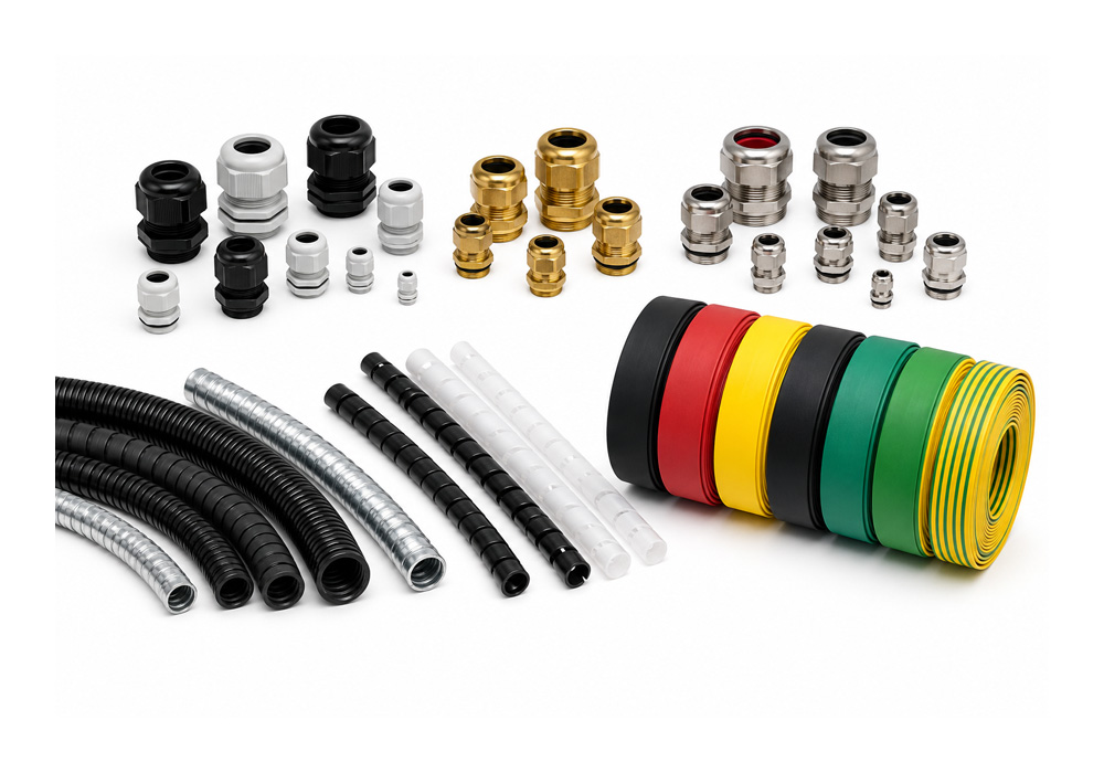  Industrial cable protection products including nylon cable glands, brass cable glands, stainless steel cable glands, heat shrink tubing, flexible conduit and spiral wrapping bands.