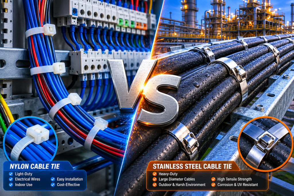Stainless steel cable ties securing heavy-duty cables compared with nylon cable ties used for lighter wire bundles