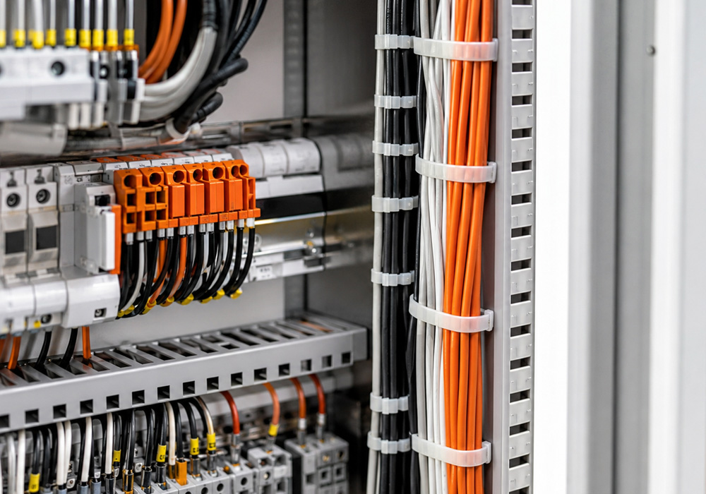 Industrial nylon cable ties used for cable management inside an electrical control cabinet