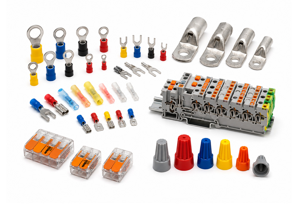 Industrial electrical connections using ring terminals, ferrules and copper cable lugs.