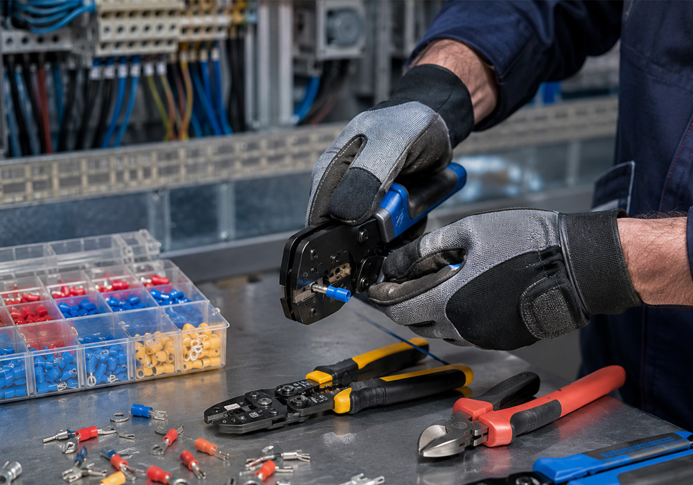Professional electrician tools used for industrial wiring installation