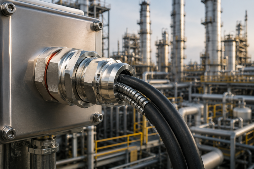 Explosion-proof cable gland installed on hazardous area equipment in an oil and gas refinery