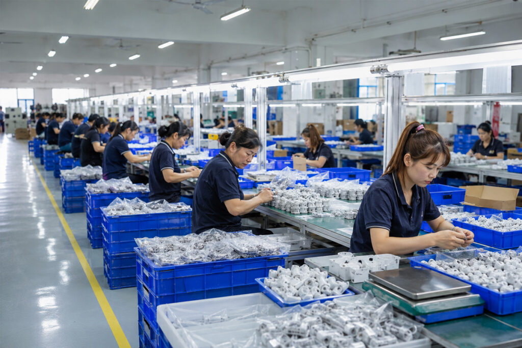 Industrial assembly line producing cable glands, wire connectors and electrical terminals.