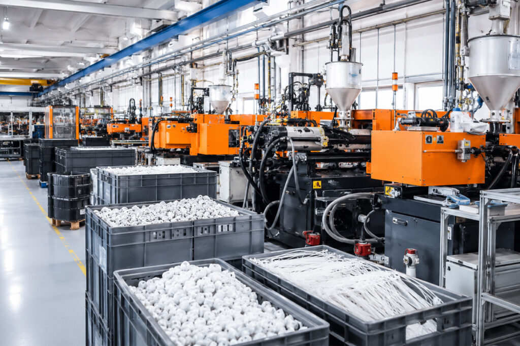 Modern injection molding workshop producing nylon cable ties and cable gland components.