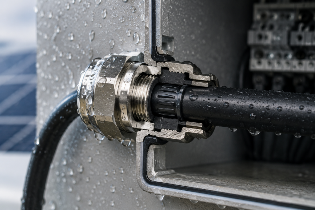 IP68 waterproof cable gland sealing around an industrial cable preventing water ingress