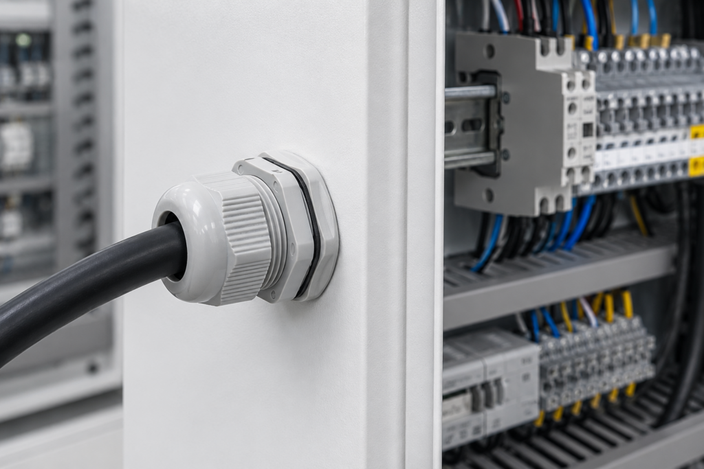 Gray nylon cable gland installed on an electrical control cabinet securing a black industrial cable