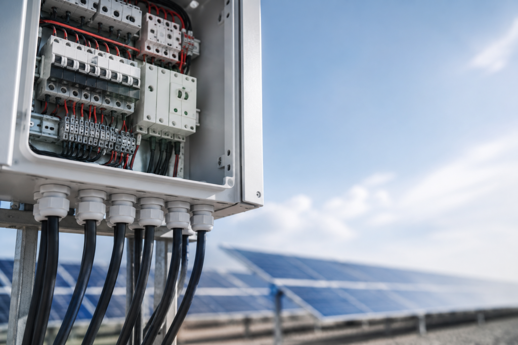 Gray nylon cable glands installed in an outdoor solar combiner box securing photovoltaic cables