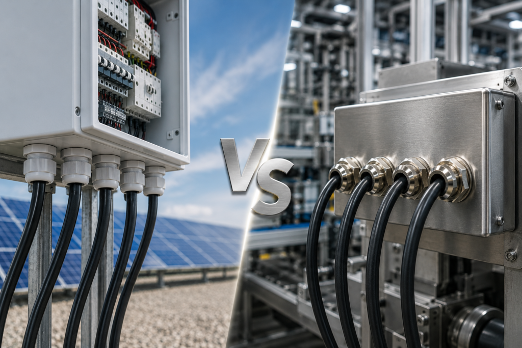 Side by side comparison of nylon cable glands and brass cable glands in solar and industrial applications