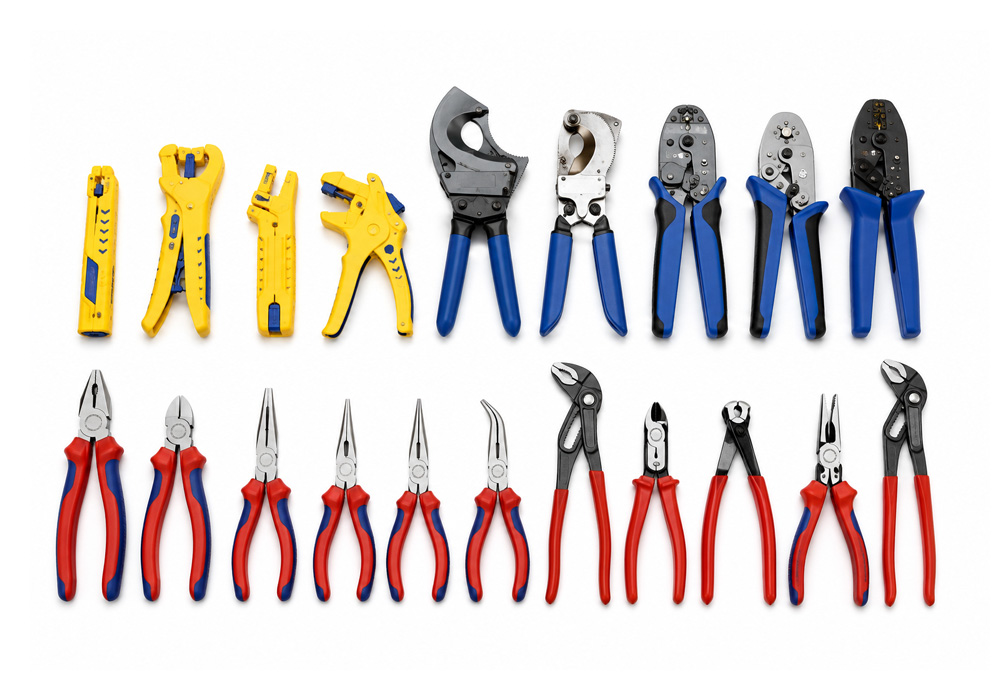 Professional electrician tools including wire strippers, cable cutters, crimping tools and pliers for industrial electrical installation.