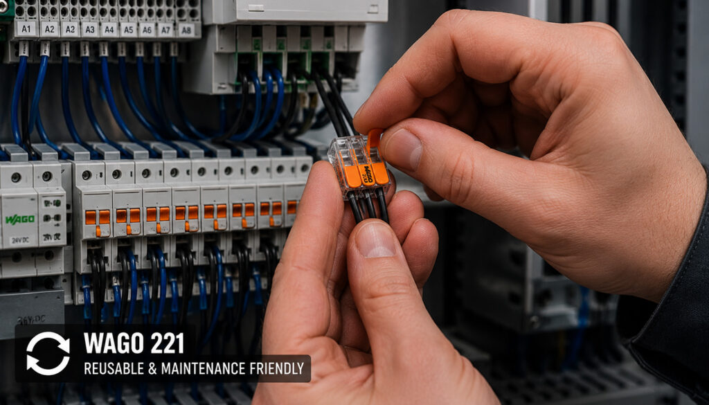 Technician servicing a WAGO 221 connector inside an electrical control panel