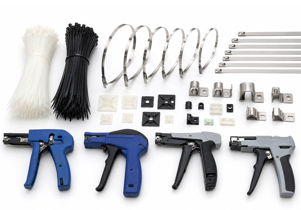 Industrial cable ties securing electrical cables inside a professional control cabinet.