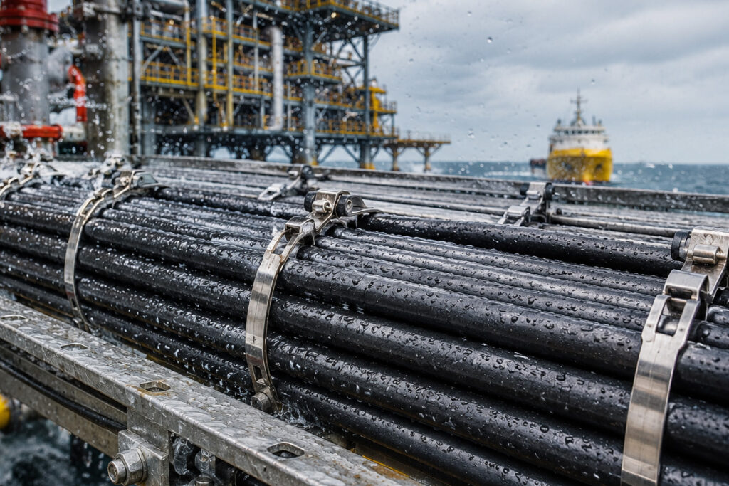 SS316 stainless steel cable ties securing cables in a corrosive offshore marine environment