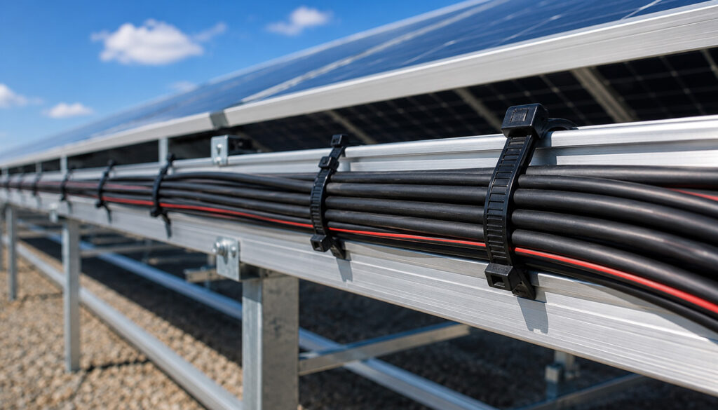 Black UV-resistant cable ties securing solar cables in an outdoor photovoltaic installation