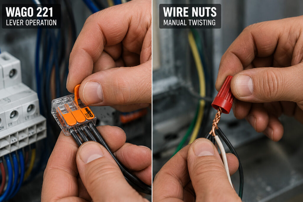 Comparison of WAGO connector installation and traditional wire nut installation for electrical wiring