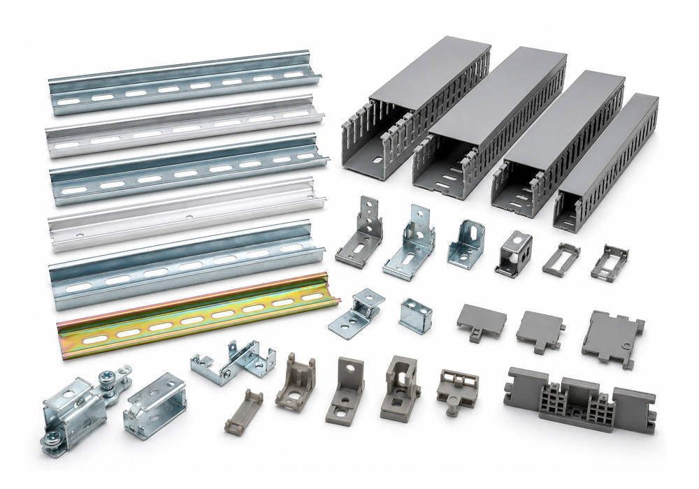 Industrial wiring and installation products including steel DIN rails, aluminum DIN rails, wiring ducts and mounting accessories for electrical control panels.